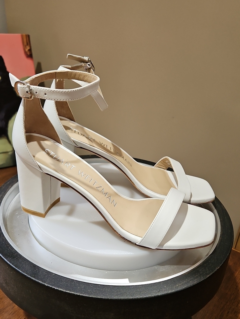 Stuart Weitzman White Ankle-Strap Block Heel Sandals